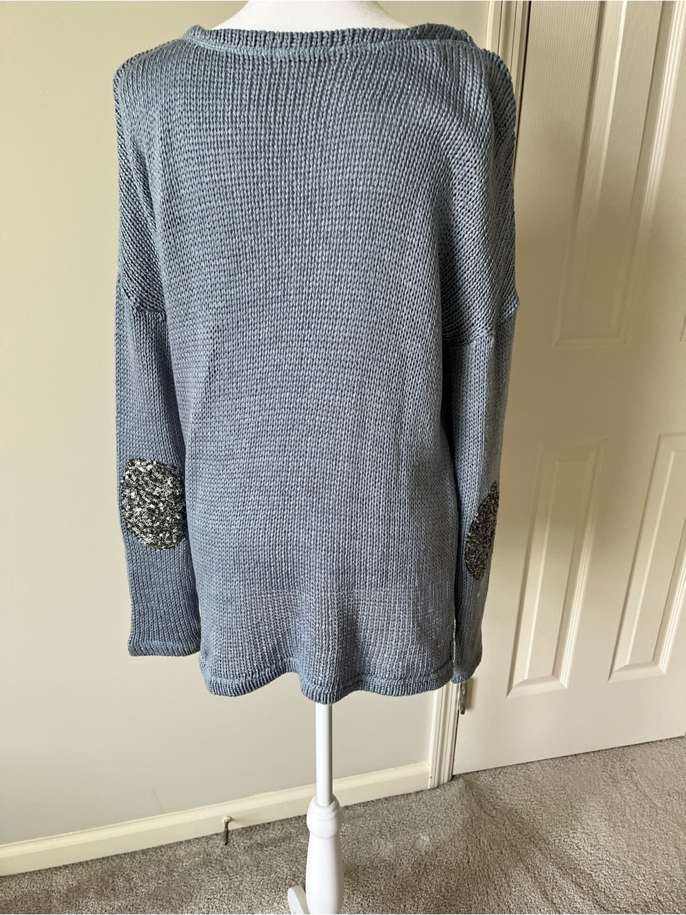 Women’s Long Sleeve Scoop Neck Sweater - Slate Blue- SM Sequin Elbow Detail